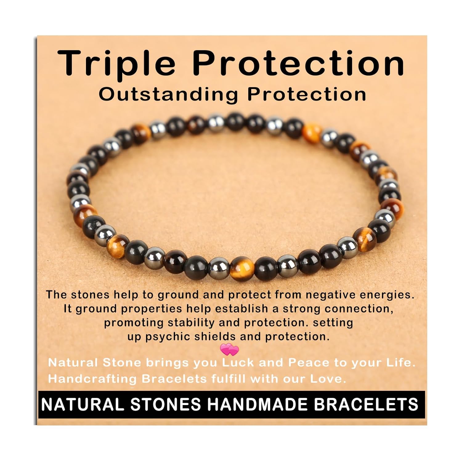 AD Beads Handmade Gemstone Stretch Elastic Bracelet Crystal Healing Reiki Nature's Beauty and Spiritual Essence Unisex (4mm, Black Tourmaline (Best protection))